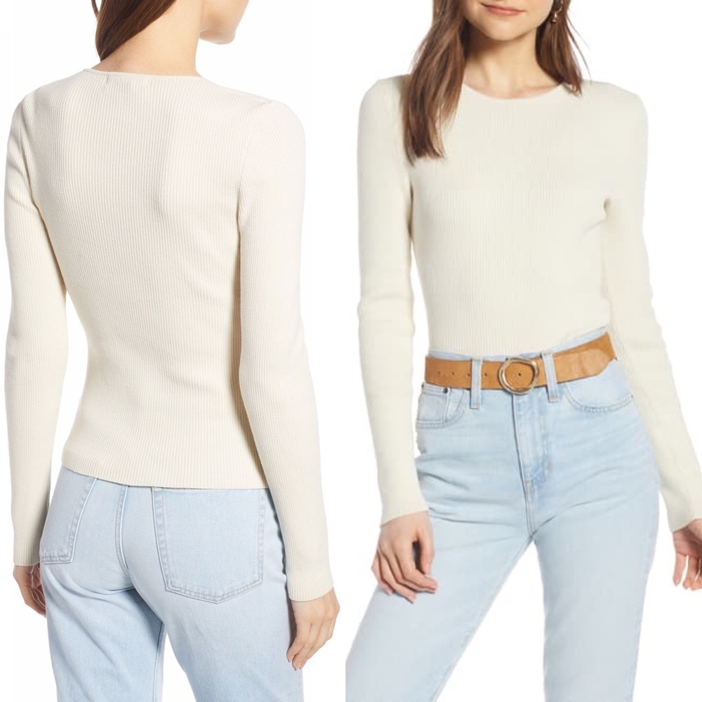 Something Navy Rib Knit Sweater Ivory White Large